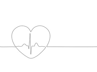 Minimal continuous one line illustration of a heart with ECG heartbeat line, drawn in clean black outline on white background, symbolizing life, health, love, and medical care. Vector Editable stroke