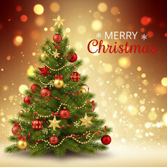 Decorated Christmas tree with ornaments and bokeh lights festive holiday greeting card Merry Christmas text