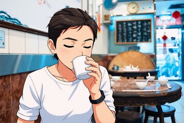 An animated person sips tea in a bustling Hong Kong restaurant, capturing a quiet moment within the vibrant urban landscape.