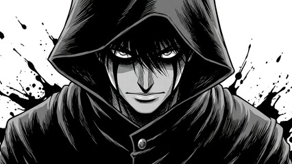 Mysterious hooded anime character portrait closeup.