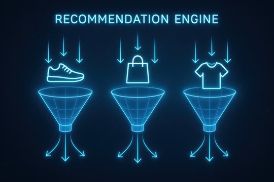 Illustration of a recommendation engine funneling products like shoes, bags, and clothing, depicting concepts of AI, e-commerce, and personalized shopping experiences.