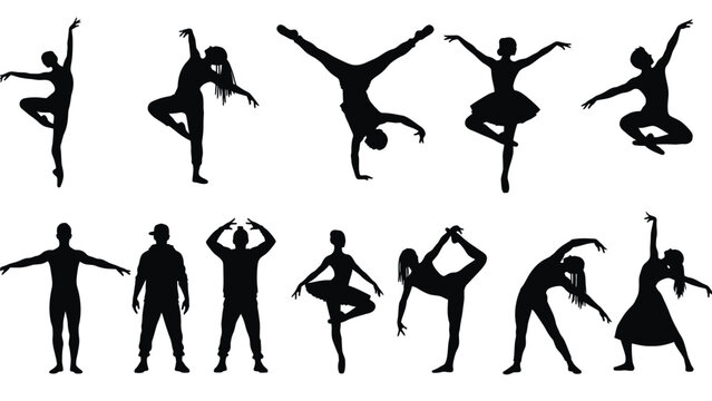Silhouettes of dancers and performers in various poses and movements on white background