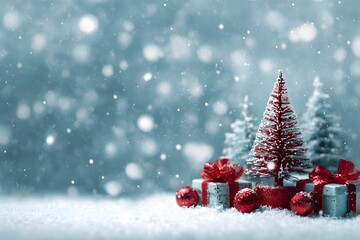 Red Christmas trees and gifts sit in the snow during a gentle snowfall.