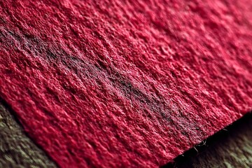 A close-up shows a textured red surface with rough, uneven fibers.