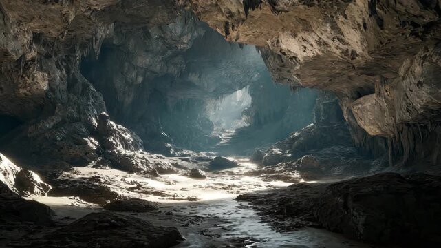 4K Mysterious dark cave interior with sunlight streaming through the entrance, illuminating a rocky, wet path leading deeper into the cavern video