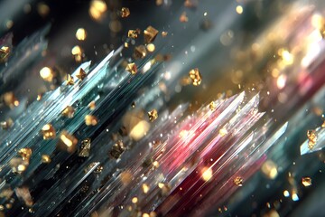 Colorful crystalline shards streak forward dynamically amid floating golden particles.