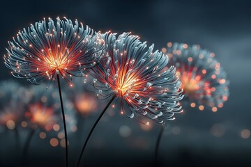 Several glowing, futuristic dandelion-like flowers illuminate the dark, misty night.