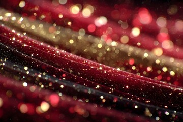 Tiny golden and red glittering particles sparkle on soft, wavy fabric.