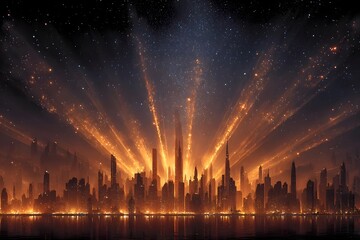 Golden skyscrapers blaze upward like radiant beams against a starry night skyline.