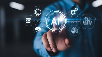 AI Technology Concept Hand Touching Futuristic Interface with Icons