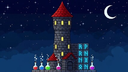 Fantasy castle tower at nighttime scene.