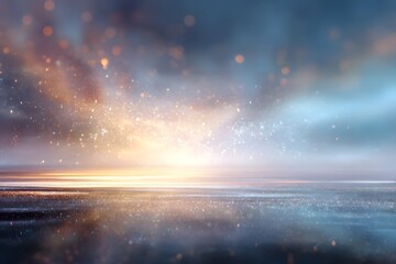 The glowing horizon illuminates a calm, reflective body of water beneath a dreamy, star-filled sky.