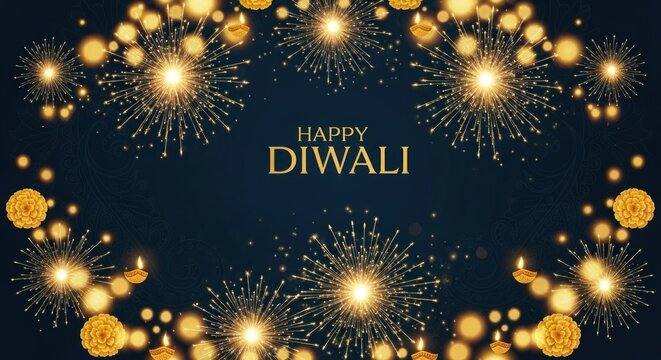 A festive Diwali celebration with fireworks and lights on a dark background. - Powered by Adobe