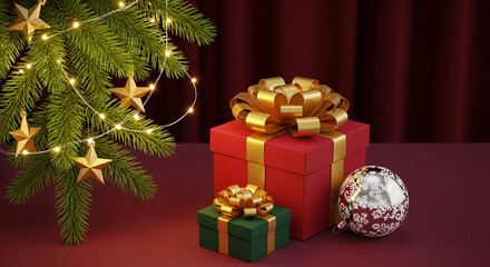 Festive scene with spruce branch, string light, star, gifts with ribbon, and ornament, representing holiday spirit, present, celebration, and festivity