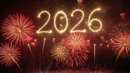 Spectacular fireworks illuminate the night sky celebrating the arrival of 2026 with dazzling light