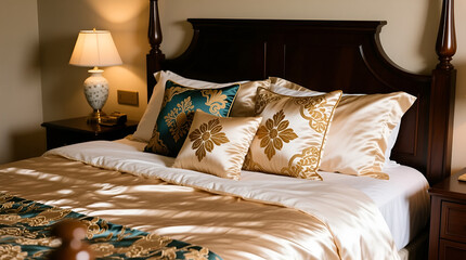 Bed with silk sheets and decorative pillows in elegant bedroom
