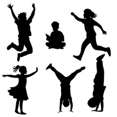 Cartoon people Character Silhouettes .children Diverse Poses for Animation and Design.Black shadow human activity sports sign