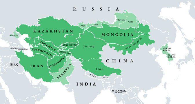 Inner Asia, political map, historical region highlighted in green, and sometimes included regions in lighter green. Spanning North, Central, and East Asia, including parts of China and Siberia. Vector