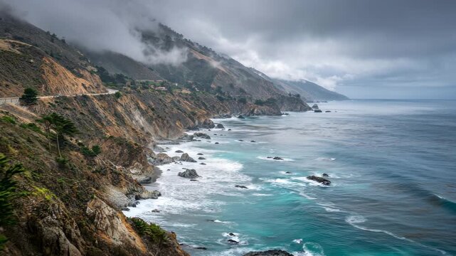 4K Dramatic view of the rugged big sur coastline in california with winding road, steep cliffs, turquoise ocean waves crashing on rocks, and heavy fog or low clouds overhead video