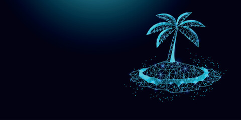 Low poly wireframe palm tree on island on dark blue background.