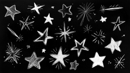 hand drawn star doodles, chalk star illustration, sketchy stars on black
