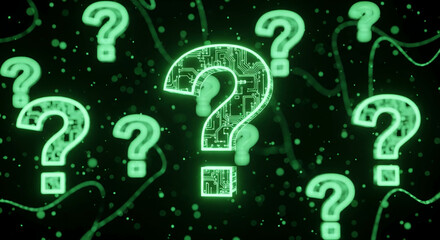 Green question mark symbols with circuit board design on a dark background, representing mystery, inquiry, uncertainty, and technological complexity
