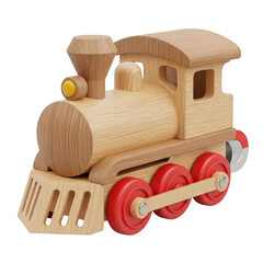 A charming natural wood toy train with bright red wheels and a classic steam engine design, perfect for children's play and decor