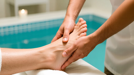 Foot massage during hydrotherapy session in wellness spa
