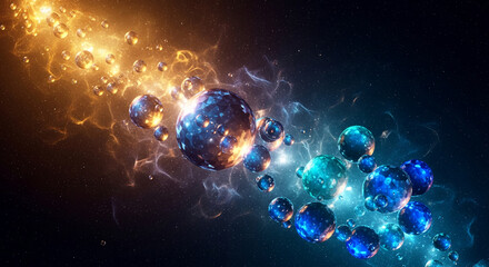 Image of floating spherical shapes with blue and gold hues against a dark, starry backdrop, representing cosmic phenomena or multiple dimensions