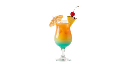 Colorful cocktail served in a tall glass with fruit and a small umbrella