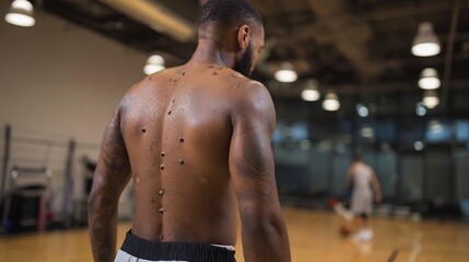 Basketball player undergoing cupping therapy back muscles visible suction marks clean sports medicine clinic