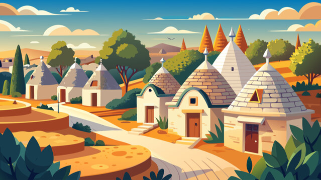 Very beautiful view of traditional trulli houses in Puglia, featuring white stone structures, conical roofs, and warm sunlight that highlights the unique rural architecture of southern Italy.