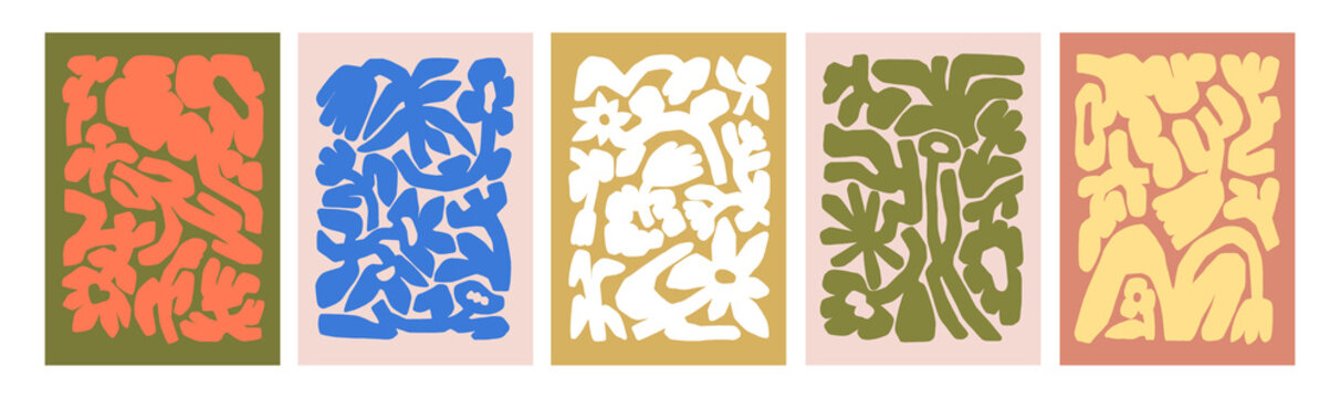 Abstract floral patterns, modern style card designs set. Creative flower posters with trendy shapes pattern, textures, whimsical nature backgrounds, doodle drawings. Flat vector illustrations