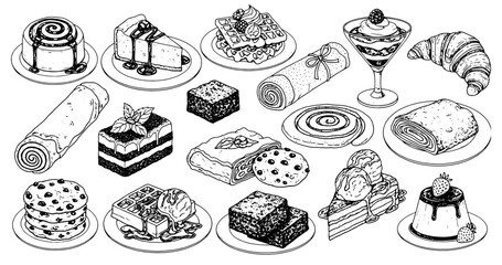 Desserts and Pastry Illustrations in an ink sketch style