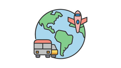 Colorful globe with plane and bus in motion