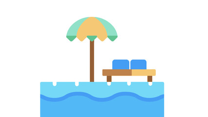 Serene beach scene with umbrella and lounge chairs by calm ocean water