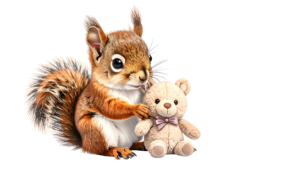 A fluffy red squirrel tenderly holds a small teddy bear. Image is on a transparent background