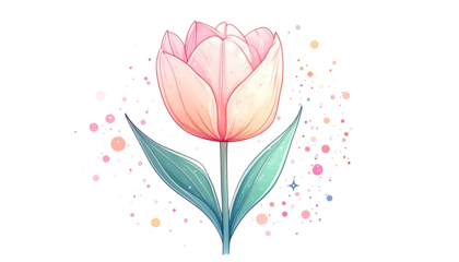 A pink tulip illustration on a black background, with glitter-like sparkles
