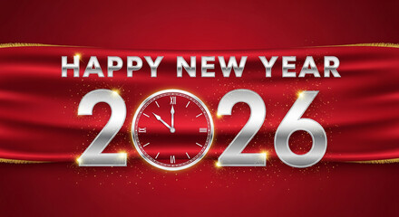 Image of silver "Happy New Year 2026" text with clock on red textile background, representing celebration and countdown to future, annual event