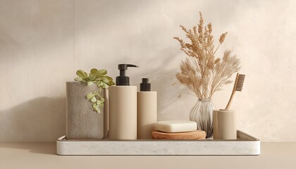 Premium bathroom shelf styling with clean product arrangement soft stone and beige hues