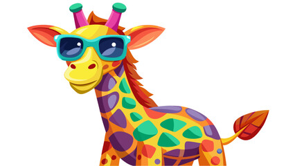 Obraz premium Colorful cartoon giraffe wearing stylish sunglasses, isolated on a clean white background, illustrated in a playful and cheerful style perfect for fun and modern designs