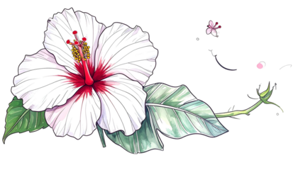 Hand-drawn white hibiscus blossom with leaves, stem, and bud details, on black