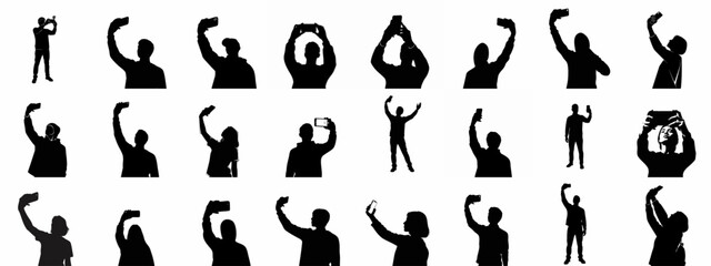 Silhouettes of people taking photos, videos, and selfies with smartphones, ideal for symbolizing audience, crowds, and mobile technology use.