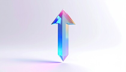 A faceted, iridescent arrow pointing upwards on a pale background