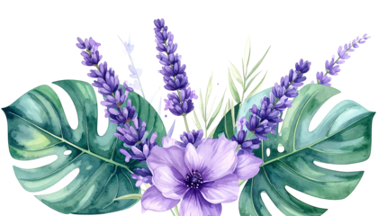 Watercolor illustration of a floral arrangement with lavender, leaves, and a purple flower