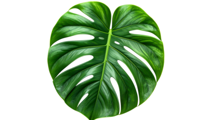 Isolated, glossy Monstera deliciosa leaf, detailed with veins and holes, against black