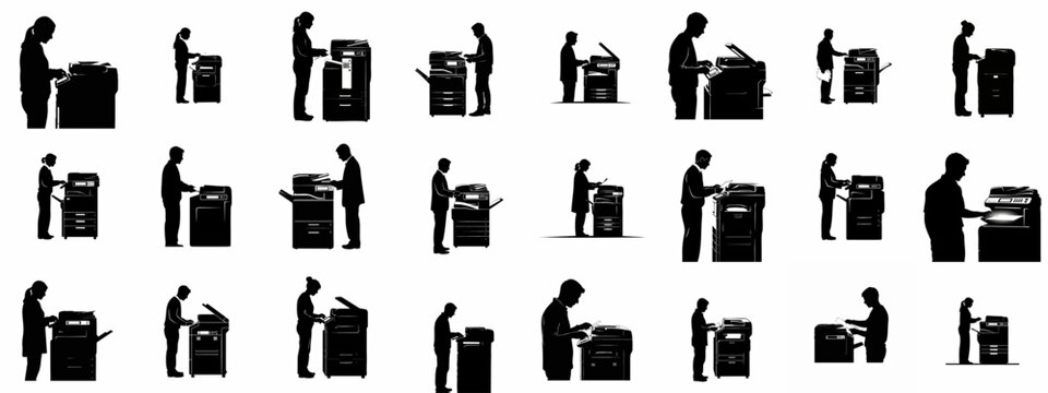 A collection of silhouettes depicting diverse office workers operating large multifunction printers and photocopiers in a business environment.