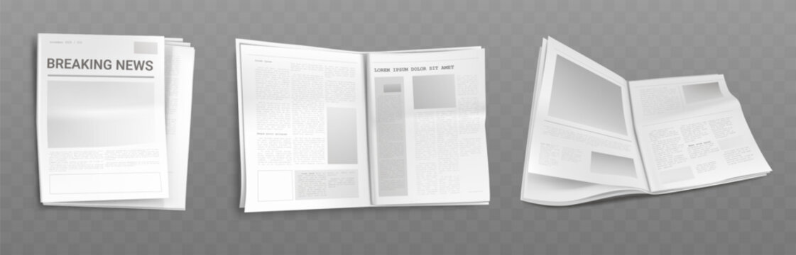 Professional newspaper template with organized layout for editorial content. Clean design with article sections, headline areas and column structure. Mockup for daily press publications and newsletter