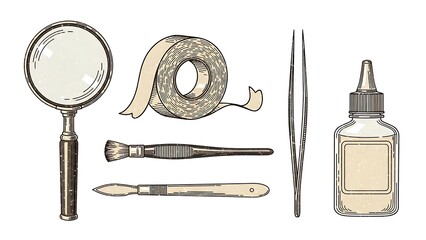 Vintage repair tools and adhesive bottle.