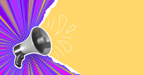 Megaphone Pop Art Banner with Halftone Burst and Torn Paper Background. Loud Announcement Poster Concept with Copy Space for Marketing Promotion Message, Advertising Retro Design. Vector Illustration